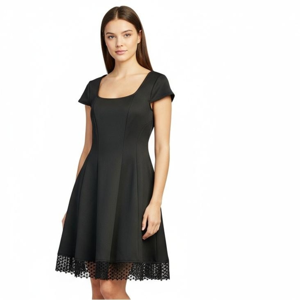 Donna Morgan Little Black Dress 10 Black‎ Fit Flare Square Neck Crochet Hem New